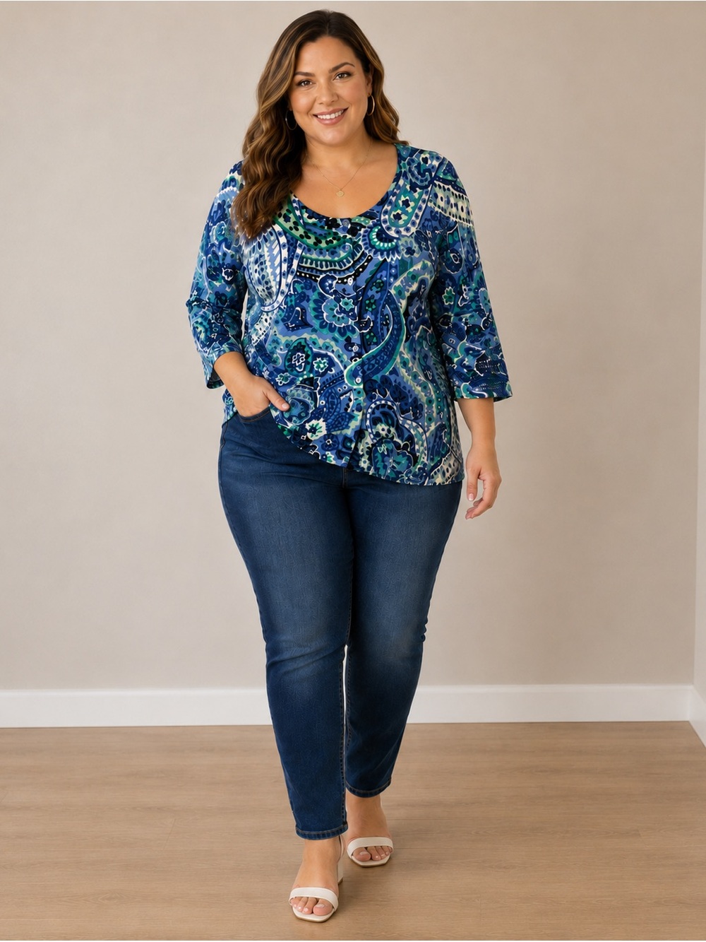 Talbots Blue, Green and White Paisley Button-Front Cardigan